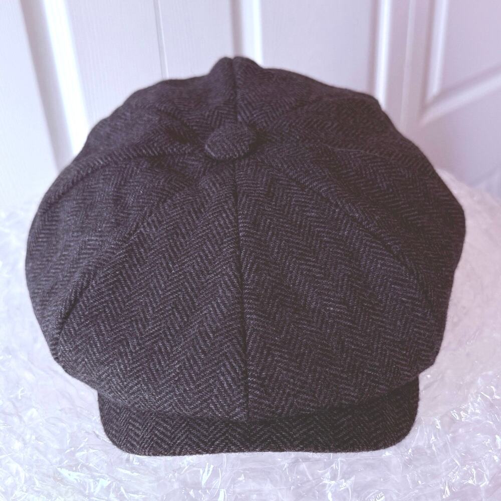 Botvela XL Blk/Grey Herringbone Newsboy Cap 8 Panel Gatsby Cabbie Wool Blend Hat